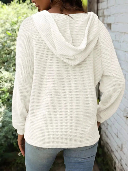 Button Detail Waffle Knit Hoodie Plus Size Trendsi