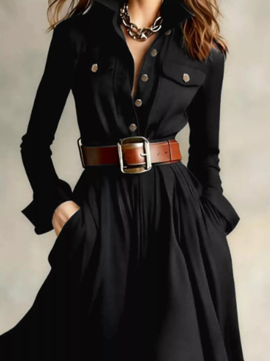 Button Front Long Sleeve Maxi Dress Trendsi
