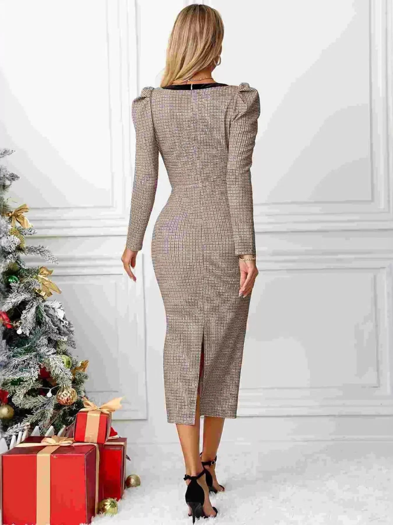 Houndstooth Bow Square Neck Dress Trendsi