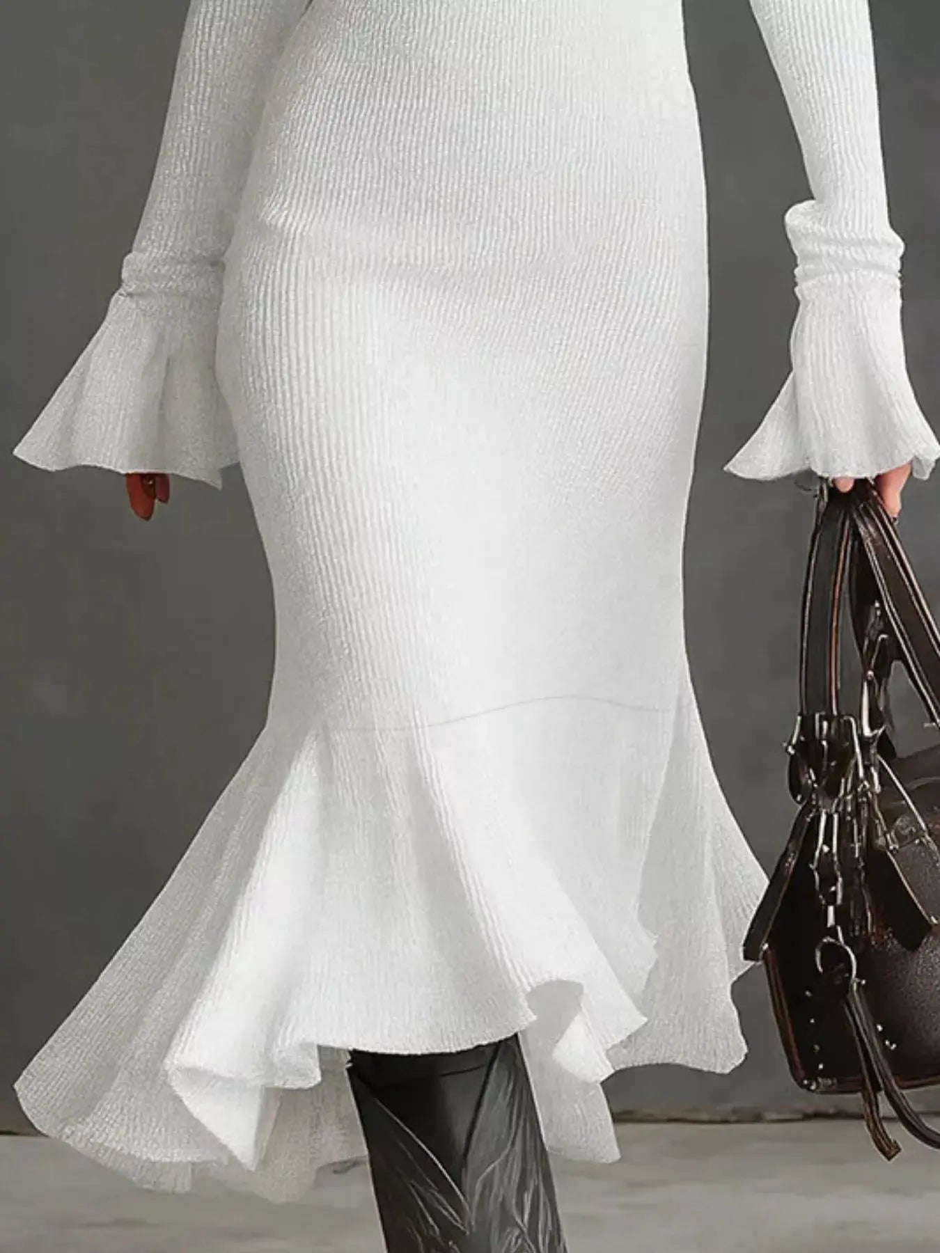 Ribbed Knit Zip Front Flare Hem Midi Dress Trendsi