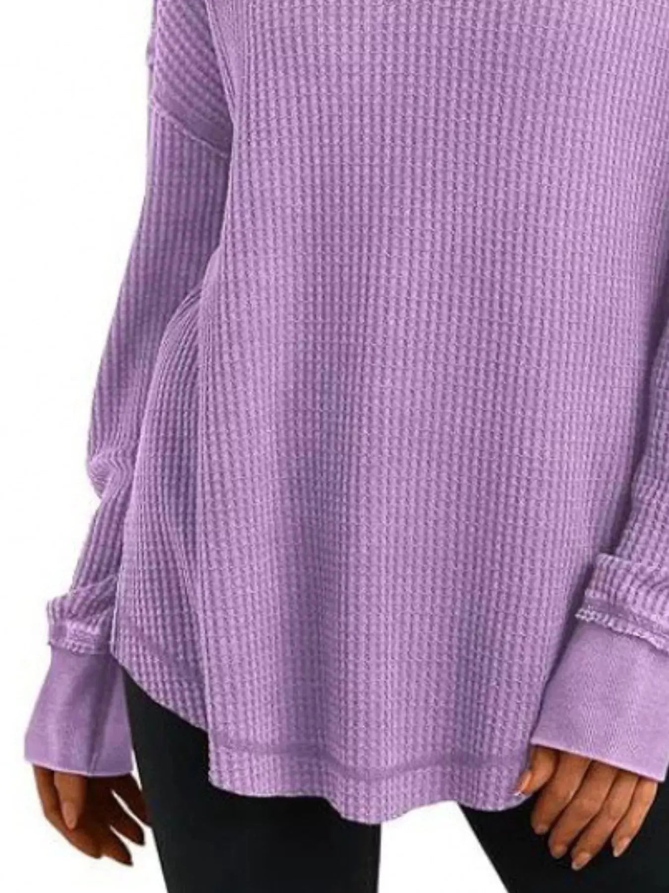 Slit Notched Long Sleeve Waffle Knit T Shirt 100 Polyester Trendsi