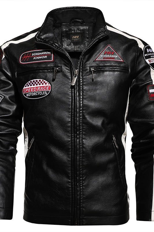 leather short embroidered lapel leather jacket