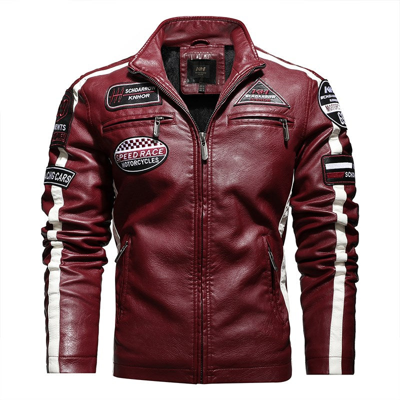 leather short embroidered lapel leather jacket