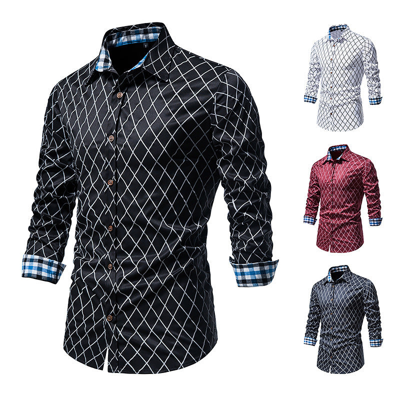 Men's Long-sleeved Diamond Check Button Shirt