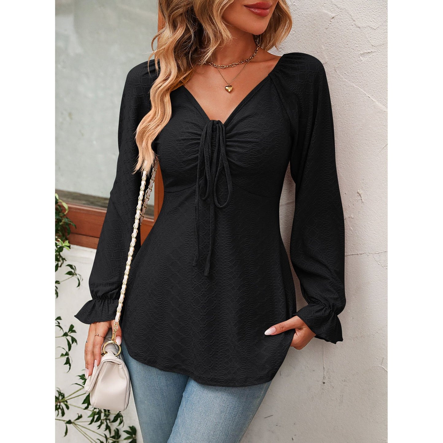 V-neck Drawstring Waist Sexy Long Sleeve