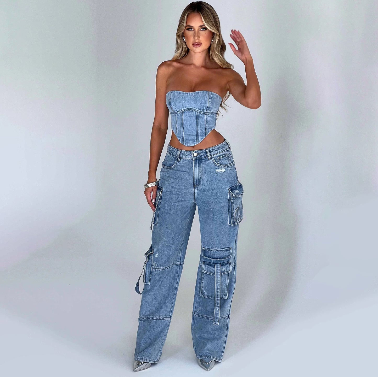 Women's Low Waist Three-dimensional Tube Top And Pocket Stitching Jeans Pants