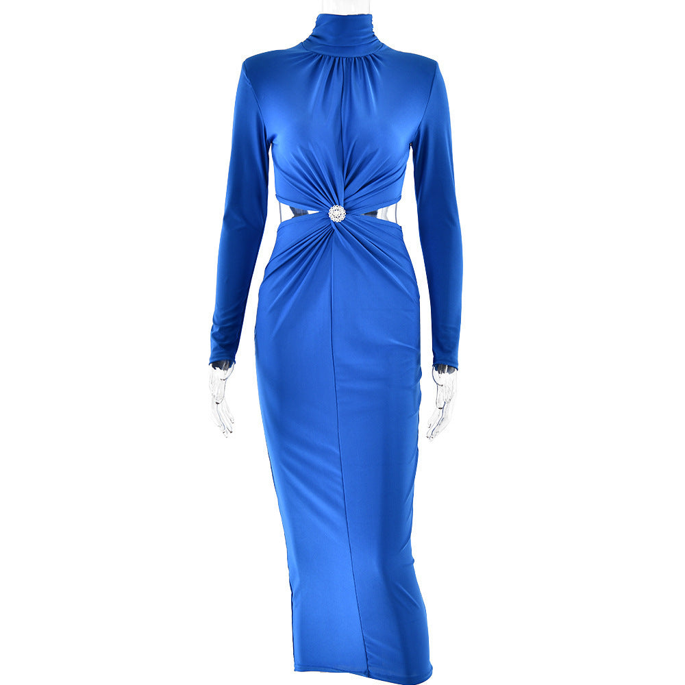 Women's Half-high Collar Long Sleeves Stitched Backless Pleated Dress