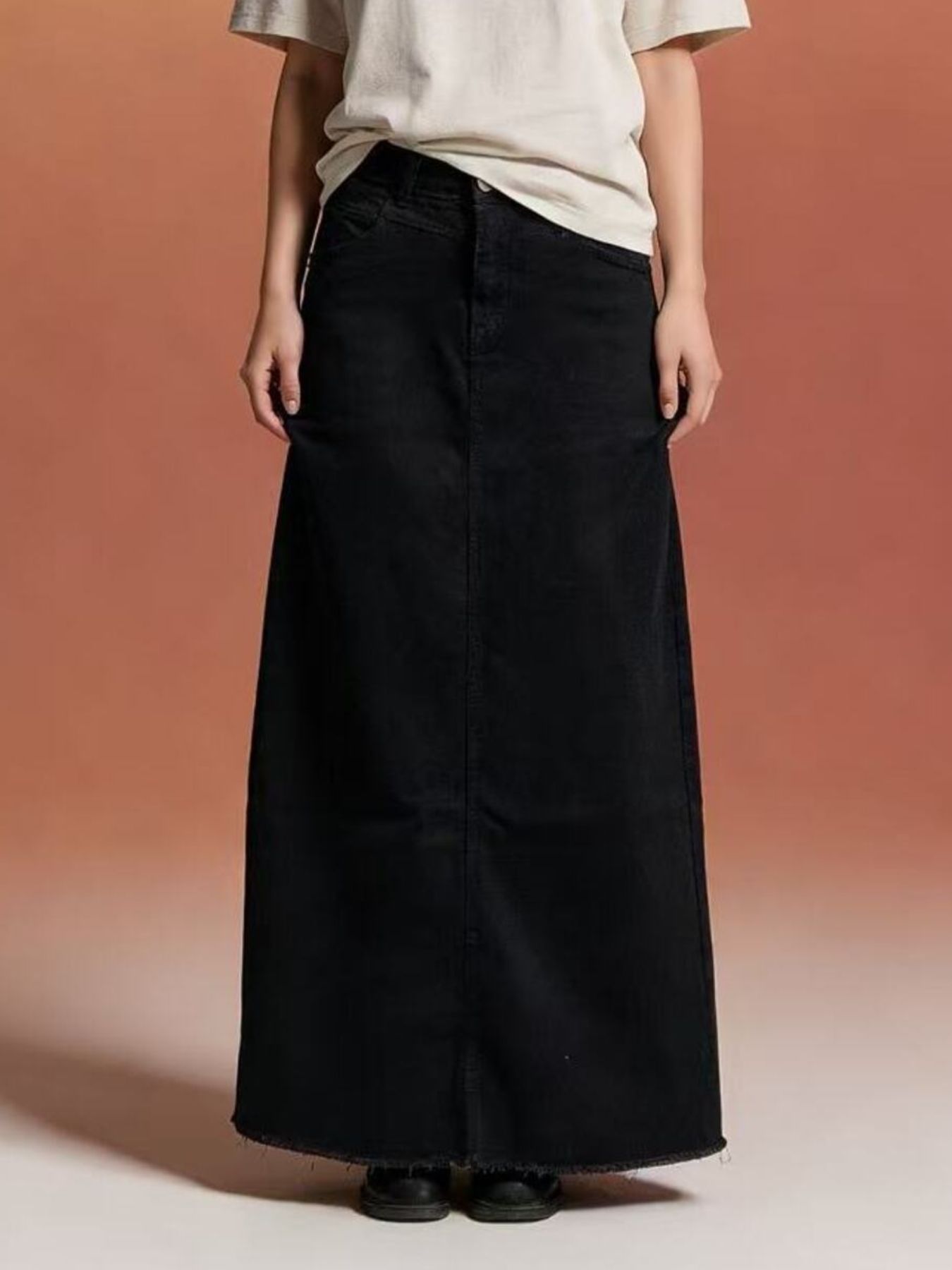Raw Hem Maxi Denim Skirt with Front Button Closure in Black Denim, 85% Cotton / 15% Polyester