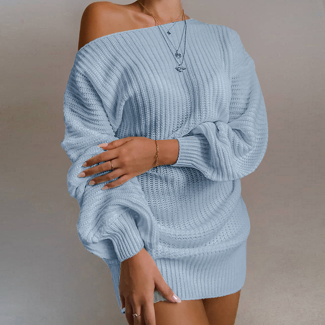 Strapless lantern sleeve knitted sweater dress