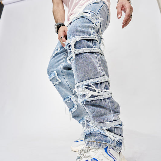 Man's Full Length Patched Straight Fit Men's Hip Hop Jeans