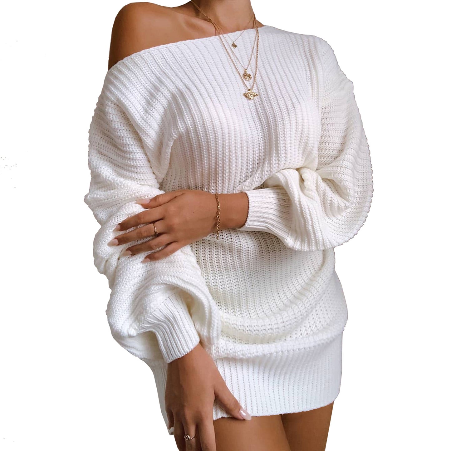 Strapless lantern sleeve knitted sweater dress