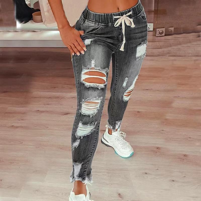 High Waist Ripped Elastic Waist Destress Jeans