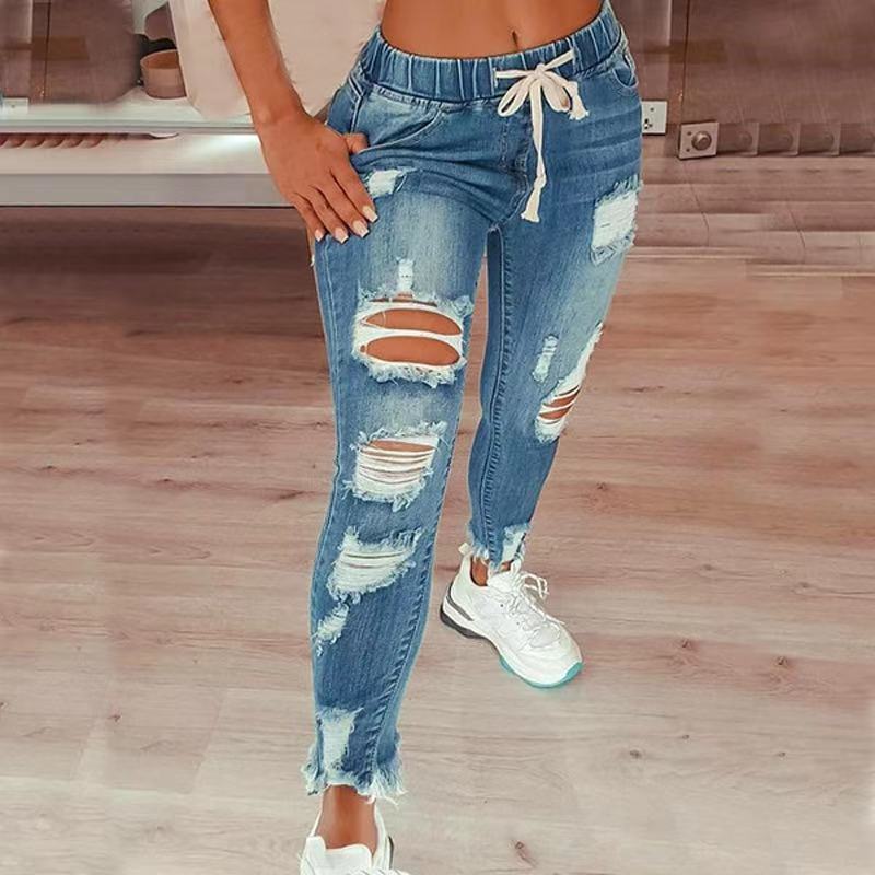 High Waist Ripped Elastic Waist Destress Jeans