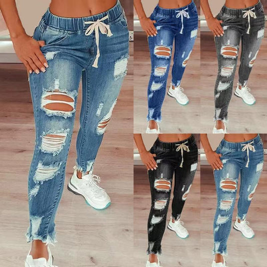 High Waist Ripped Elastic Waist Destress Jeans