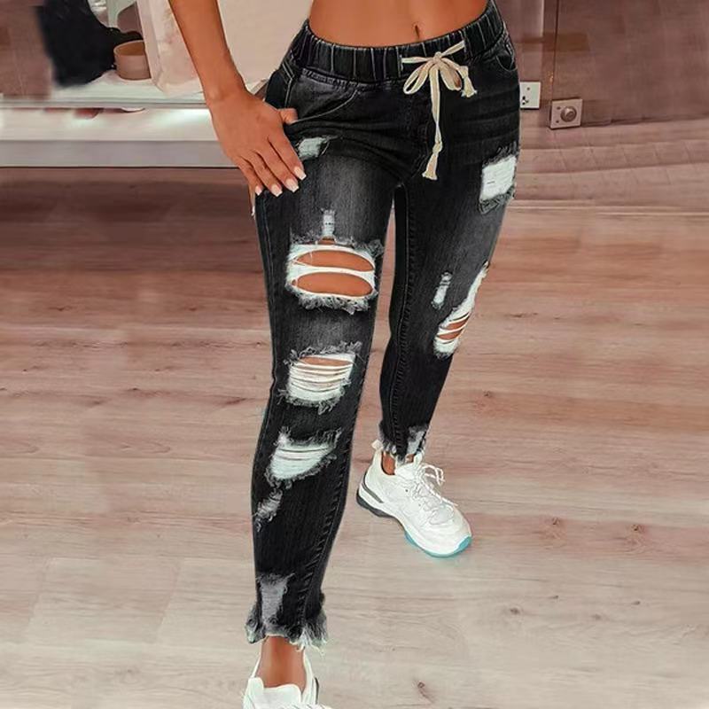 High Waist Ripped Elastic Waist Destress Jeans