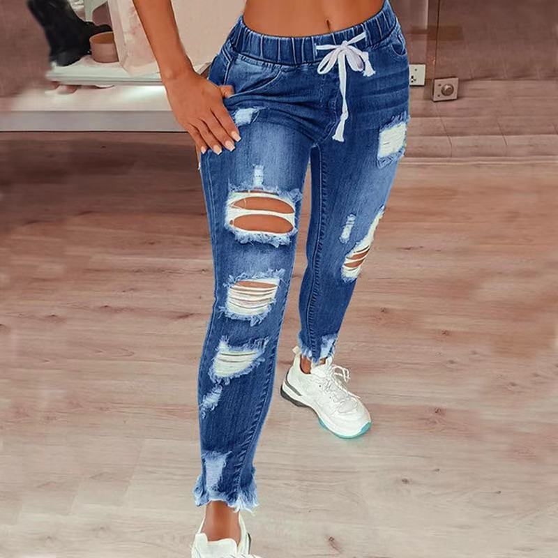 High Waist Ripped Elastic Waist Destress Jeans