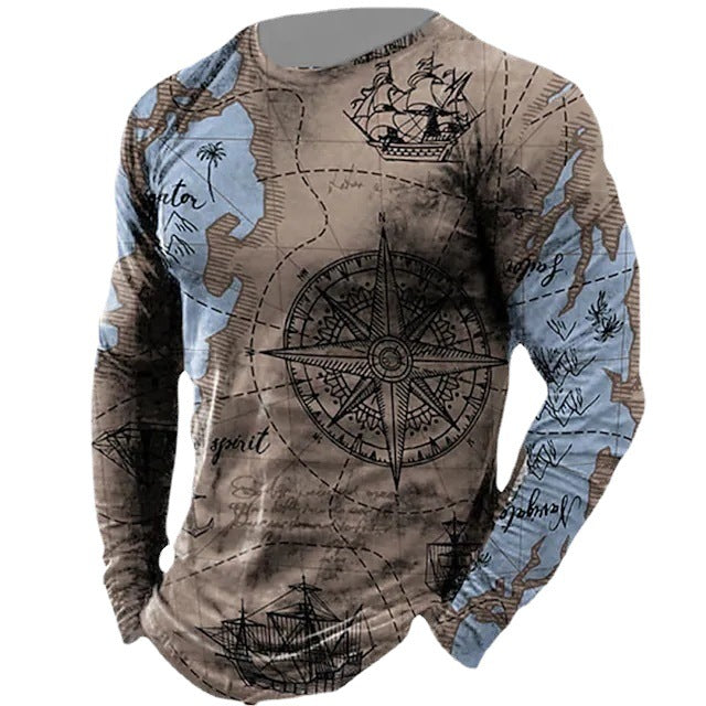 Compass Pattern Crewneck Long Sleeve -shirt Loose Sailing Enthusiast Long T