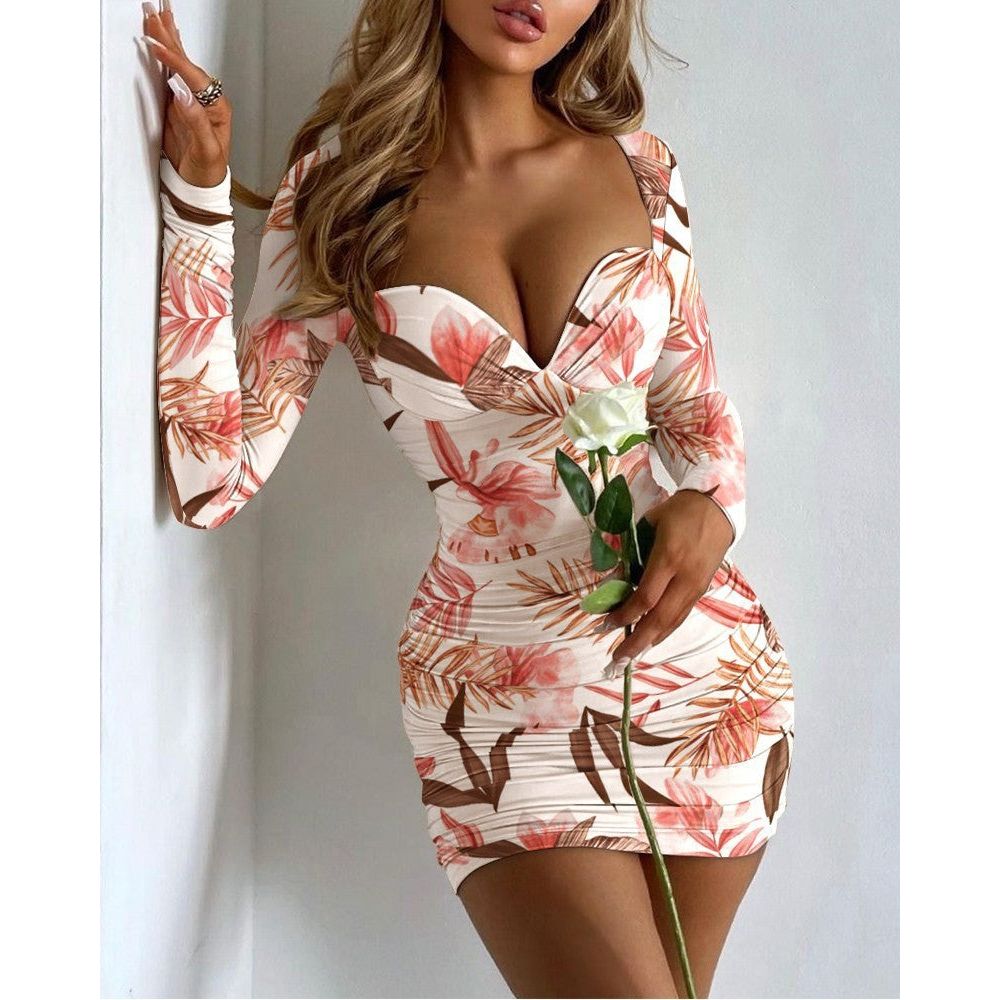 Long Sleeve Print Dresses Basic Bodycon Mini Dress