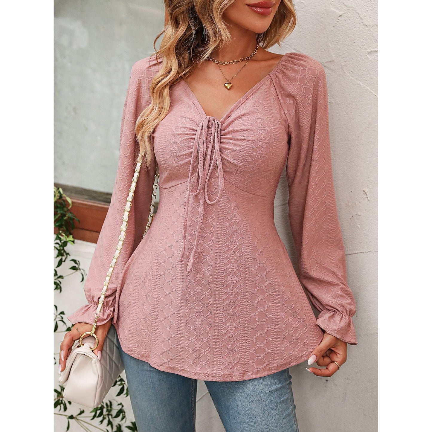 V-neck Drawstring Waist Sexy Long Sleeve