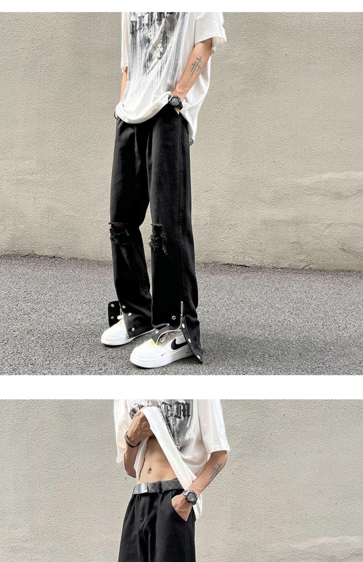 White Hole Jeans Straight Skinny Row Button Pants