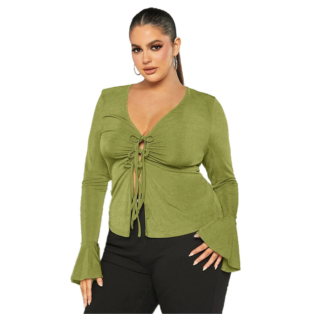 Women's Slim-fit Lace Up V-neck Knitted Long Sleeves Shirt