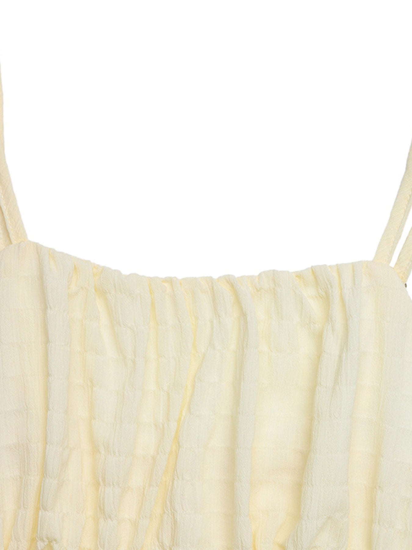 Smocked spaghetti-strap yellow dress with ruched bodice; not lined; 97% polyester, 3% elastane.
