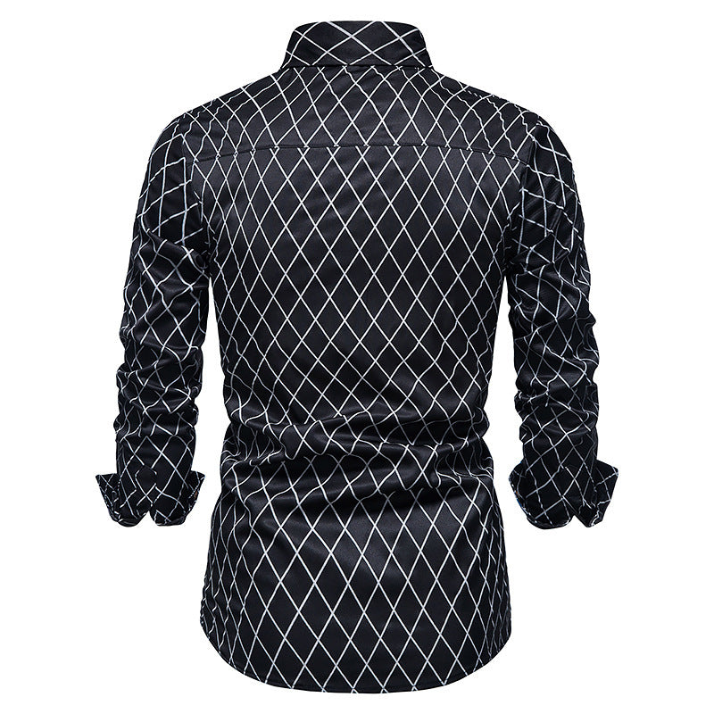 Men's Long-sleeved Diamond Check Button Shirt