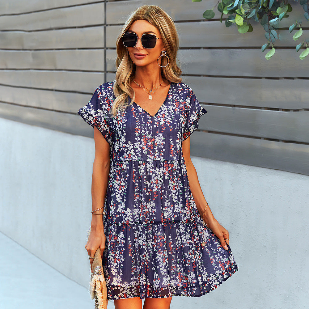 Flowers Print Short-sleeved Dress Summer Loose Chiffon A-line Dresses Holiday Beach