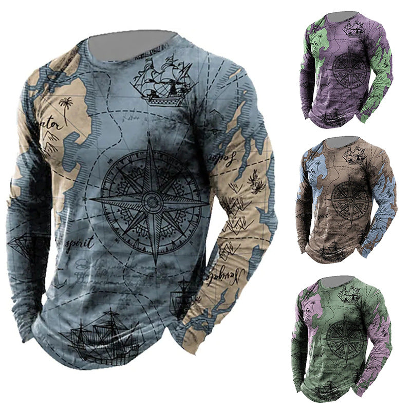 Compass Pattern Crewneck Long Sleeve -shirt Loose Sailing Enthusiast Long T