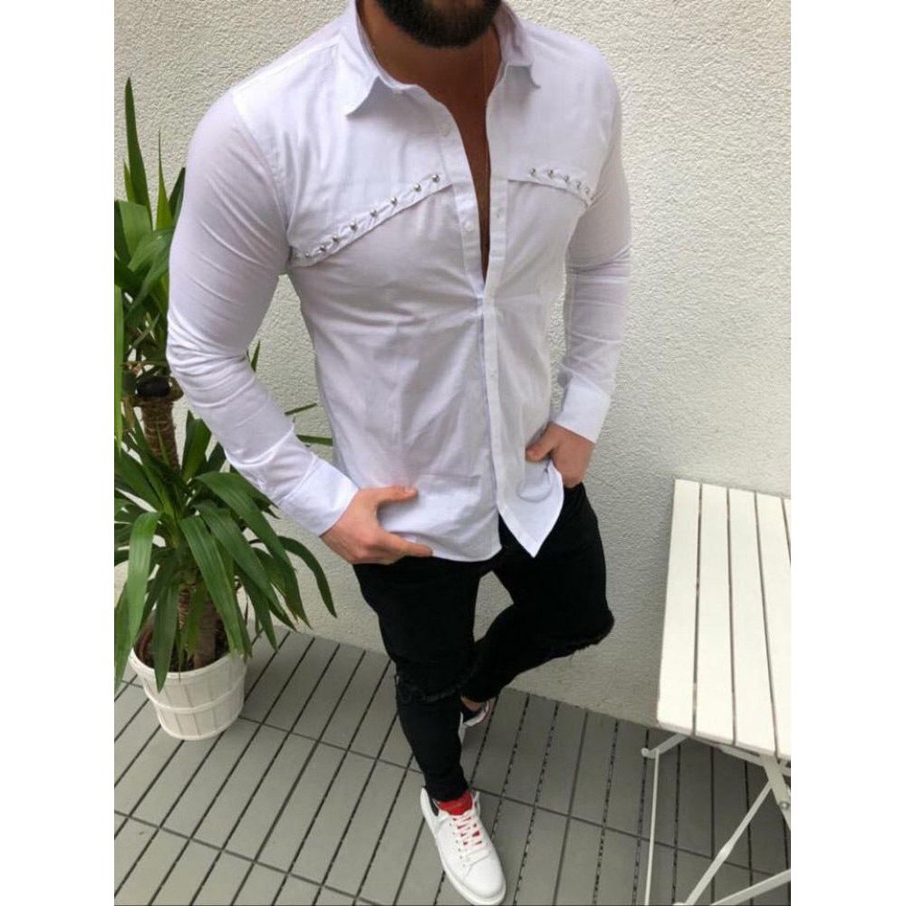 Men's Casual Cardigan Lapel Solid Color Shirt