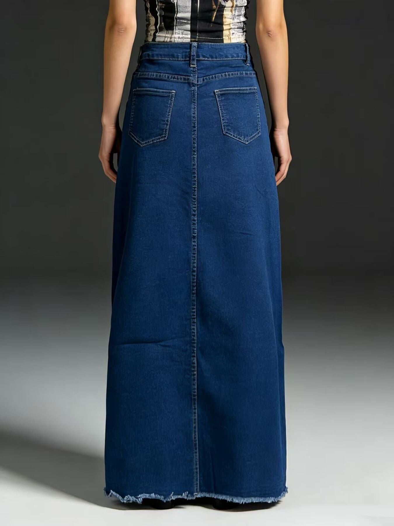 Back view of raw hem maxi denim skirt with back pockets, blue denim, 85% cotton / 15% polyester.