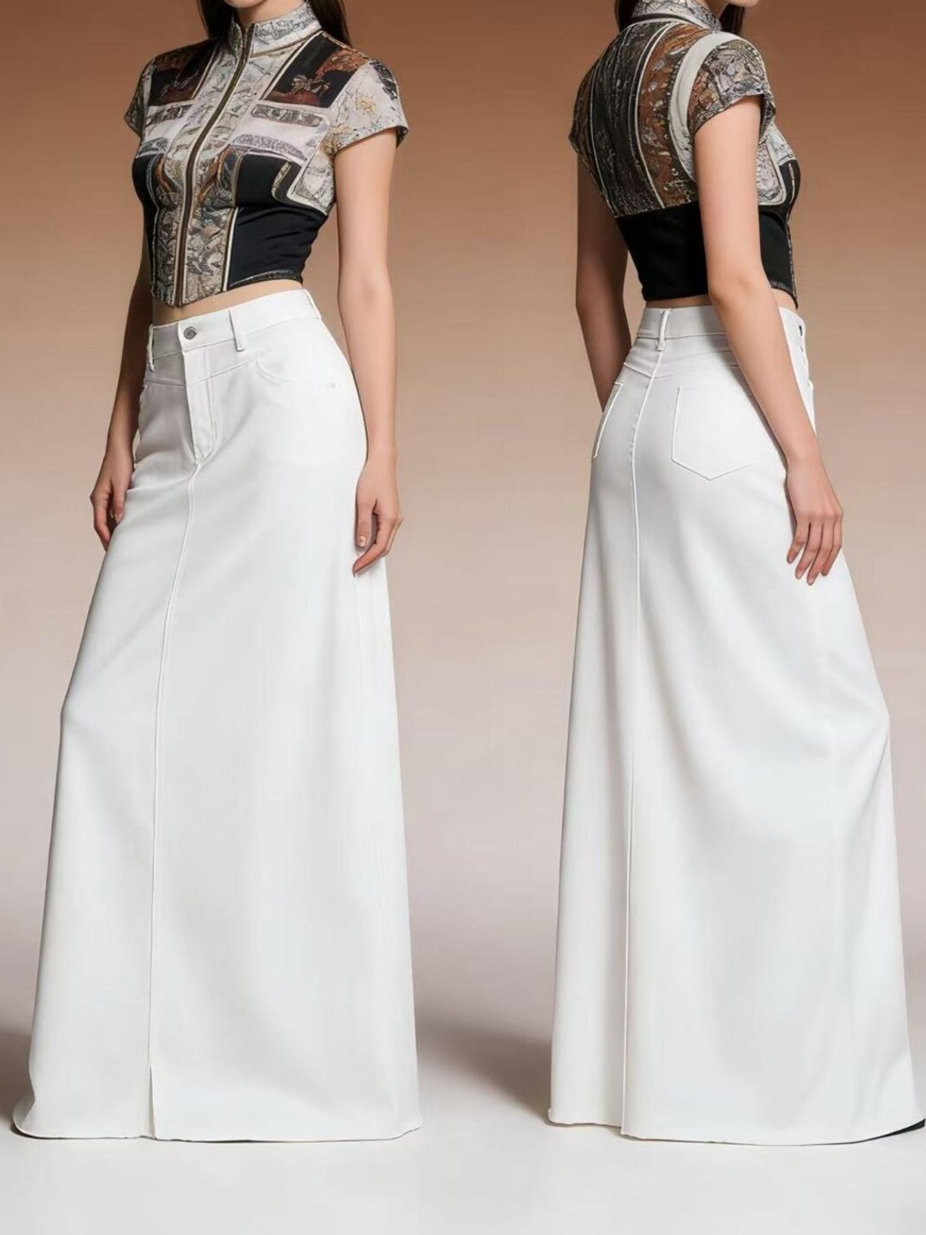 Raw Hem Maxi Denim Skirt with front button closure, 85% cotton / 15% polyester, white, front and back views.