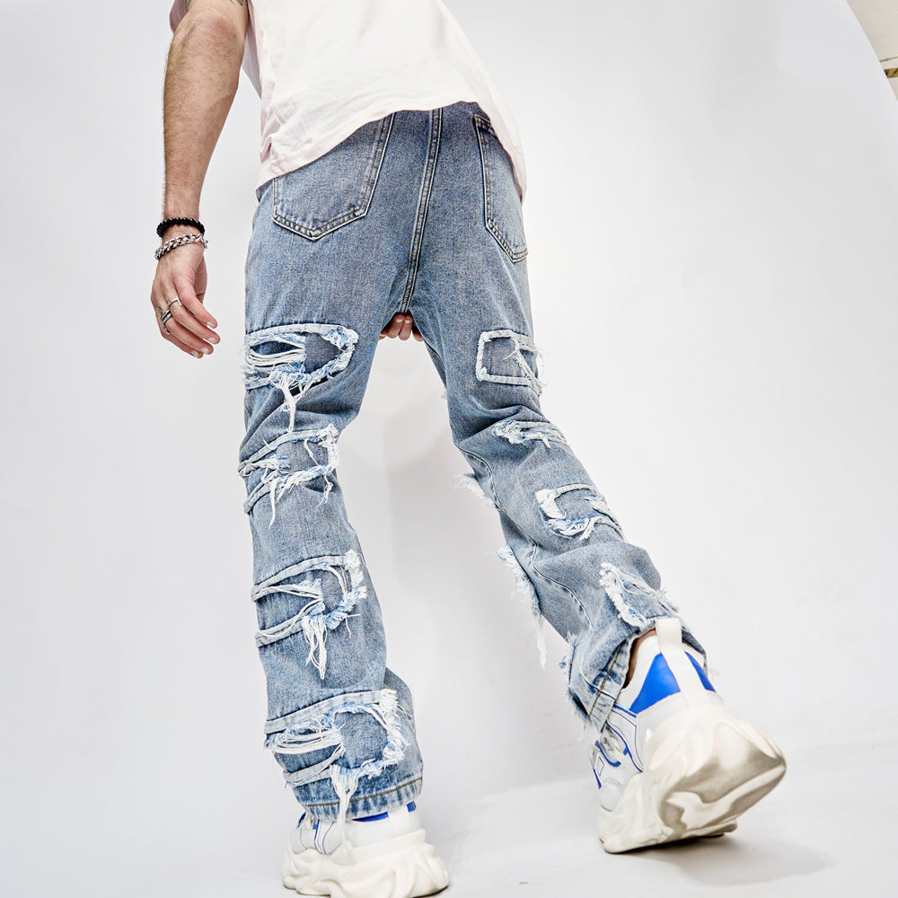 Man's Full Length Patched Straight Fit Men's Hip Hop Jeans