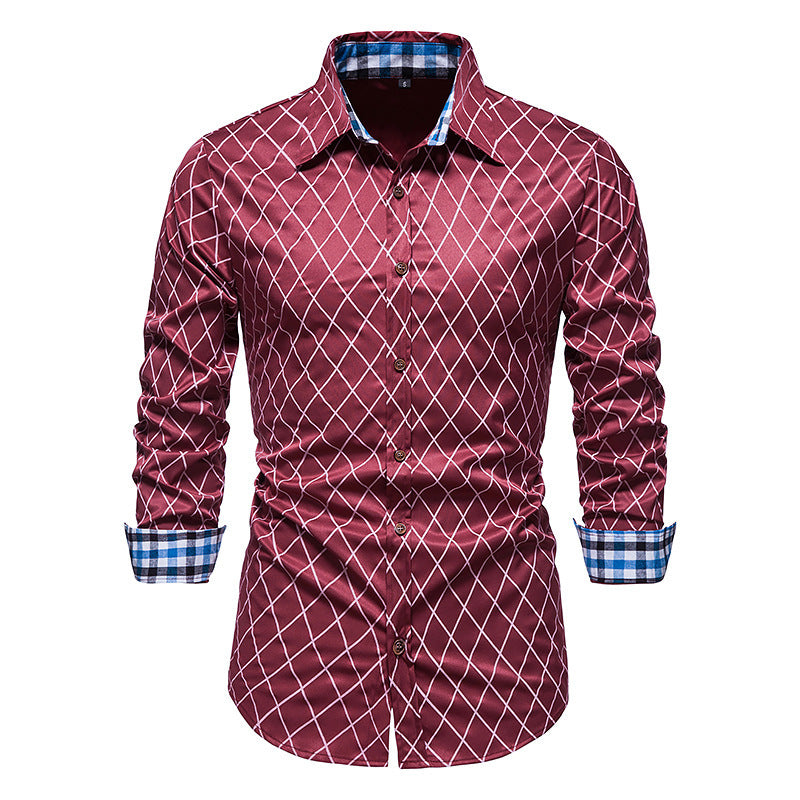 Men's Long-sleeved Diamond Check Button Shirt