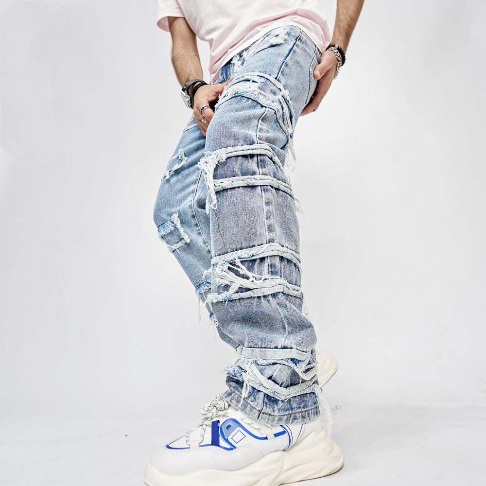 Man's Full Length Patched Straight Fit Men's Hip Hop Jeans