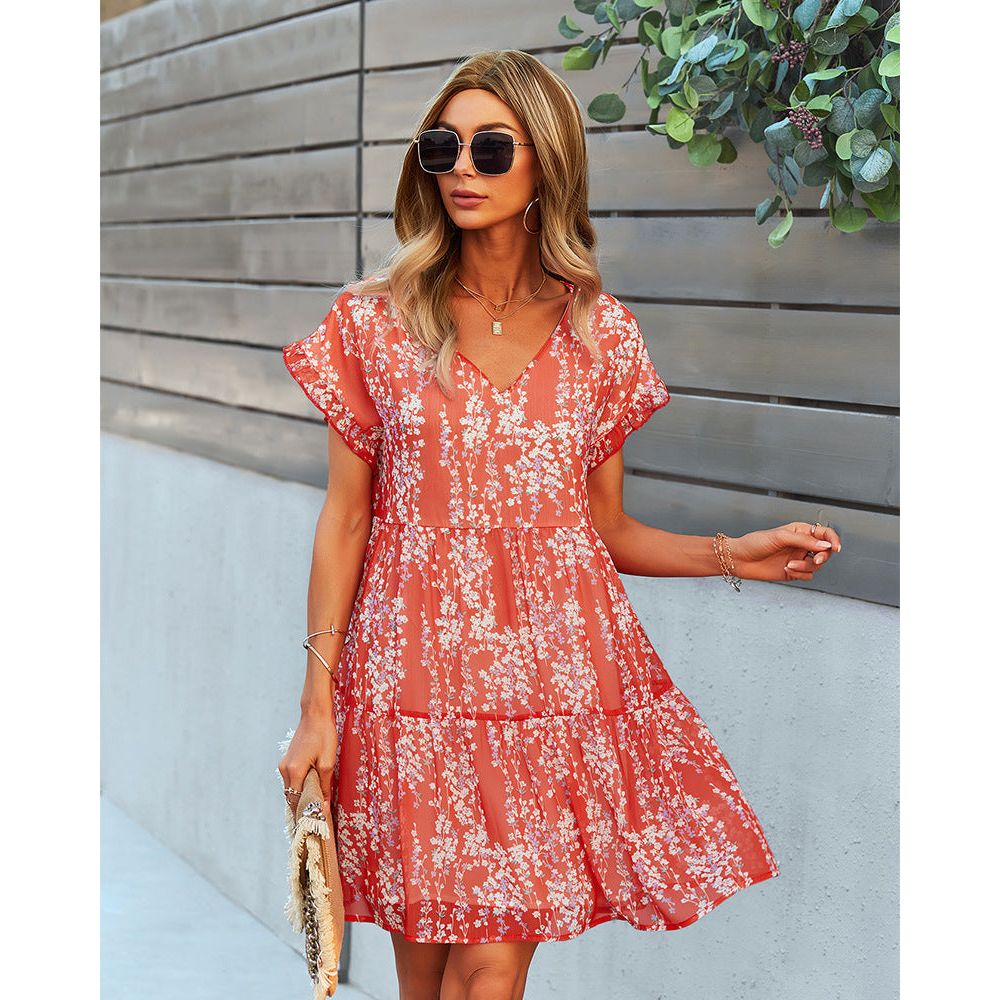 Flowers Print Short-sleeved Dress Summer Loose Chiffon A-line Dresses Holiday Beach