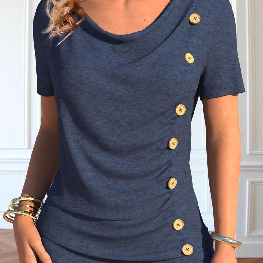 Leisure Short Sleeve Button Solid Color T-shirt