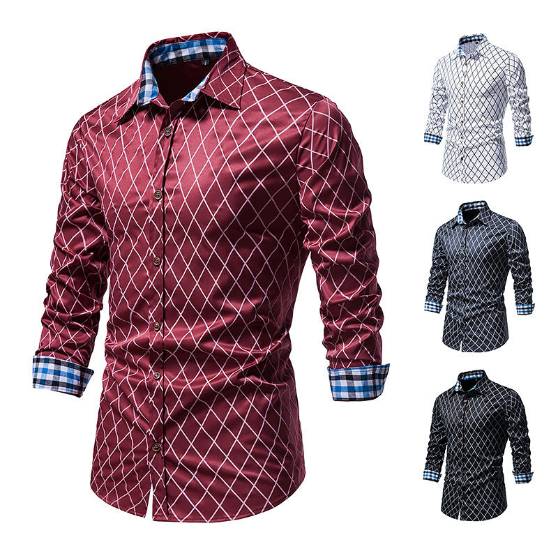 Men's Long-sleeved Diamond Check Button Shirt