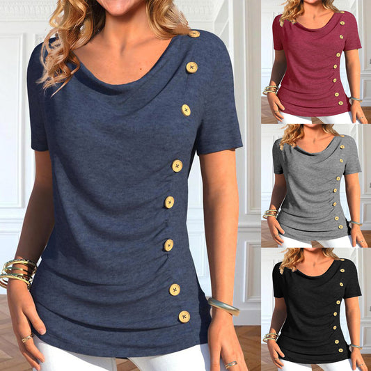 Leisure Short Sleeve Button Solid Color T-shirt