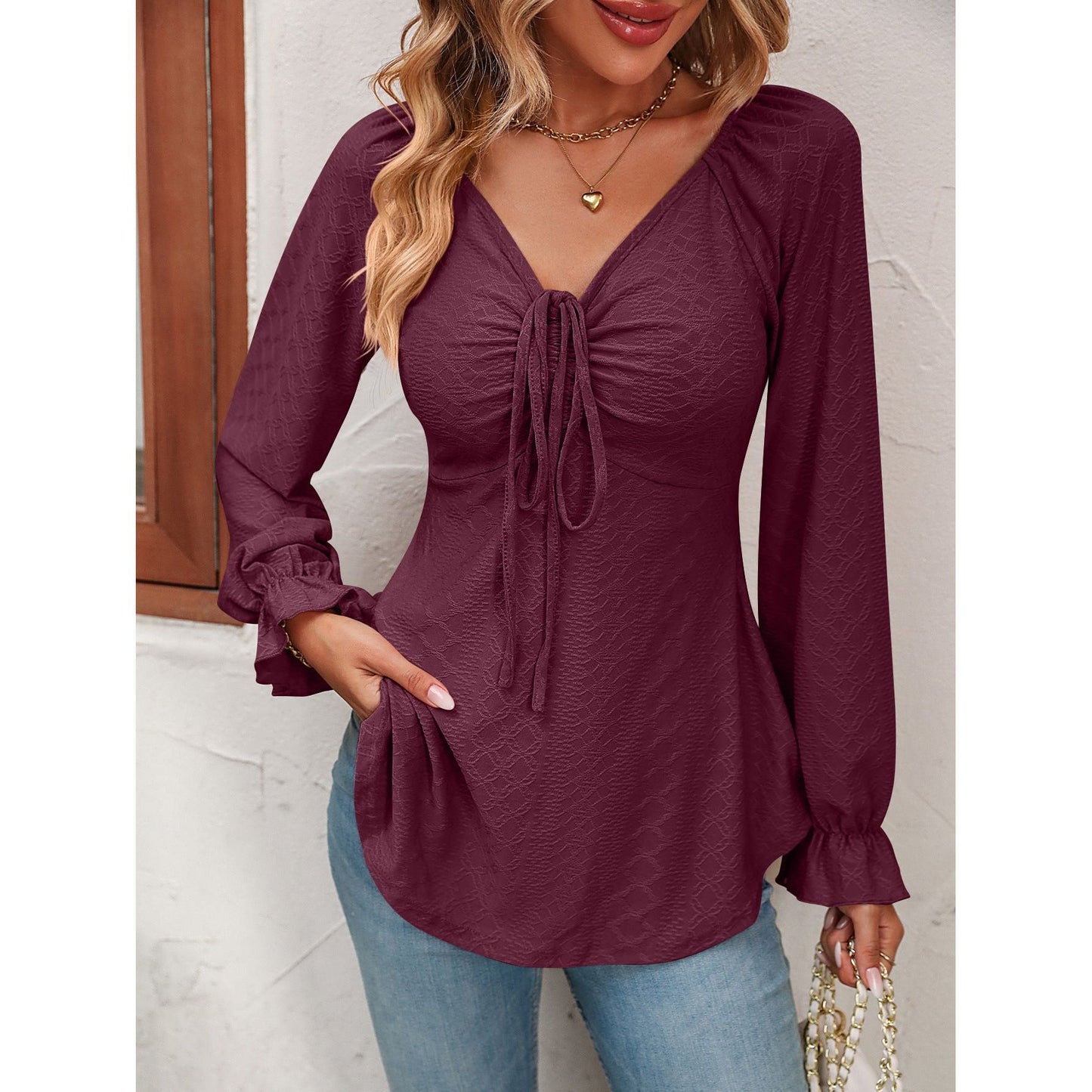 V-neck Drawstring Waist Sexy Long Sleeve