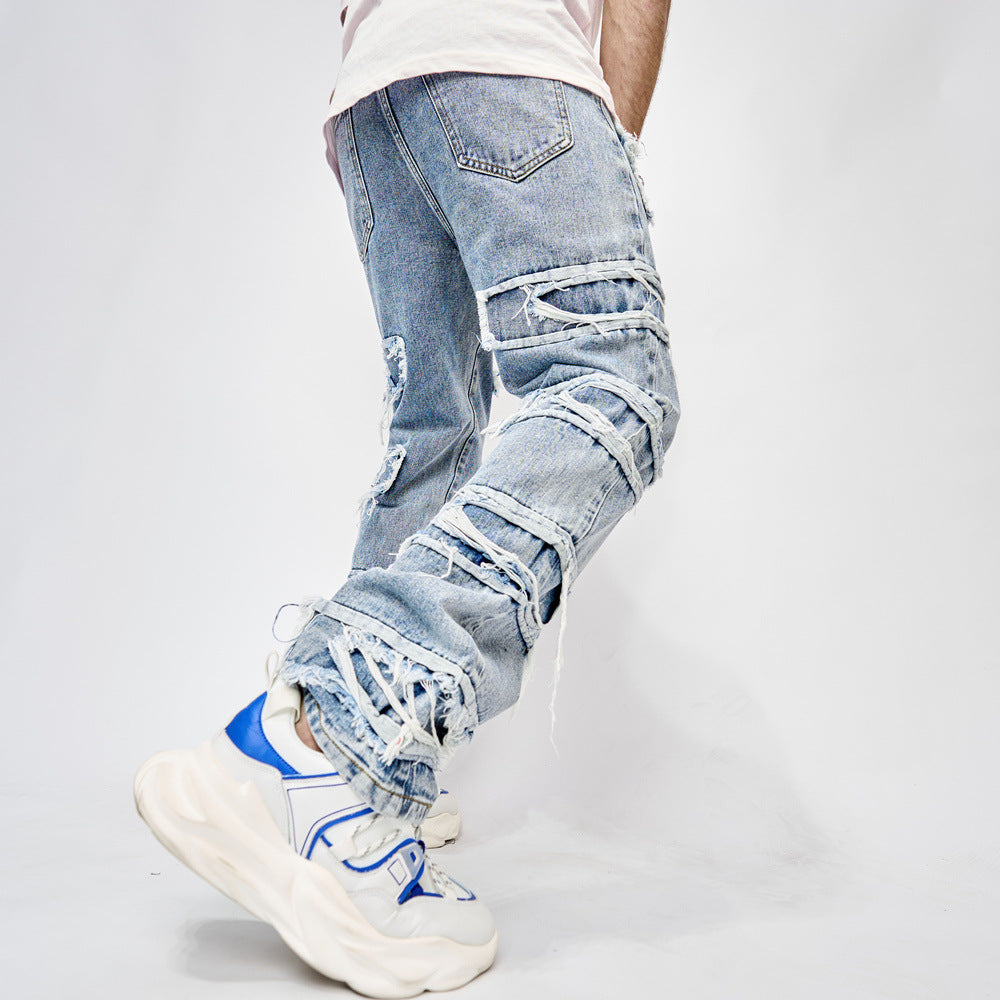 Man's Full Length Patched Straight Fit Men's Hip Hop Jeans