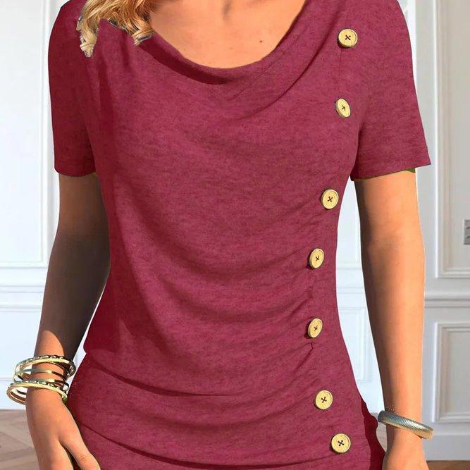 Leisure Short Sleeve Button Solid Color T-shirt