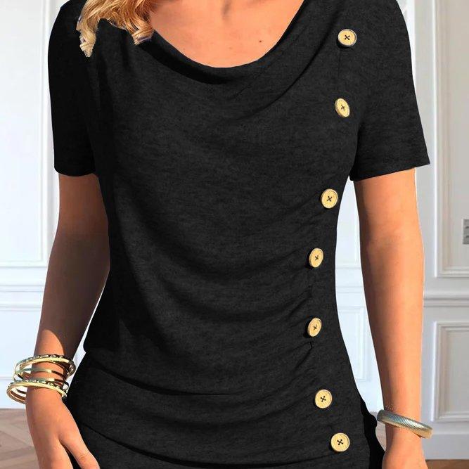 Leisure Short Sleeve Button Solid Color T-shirt