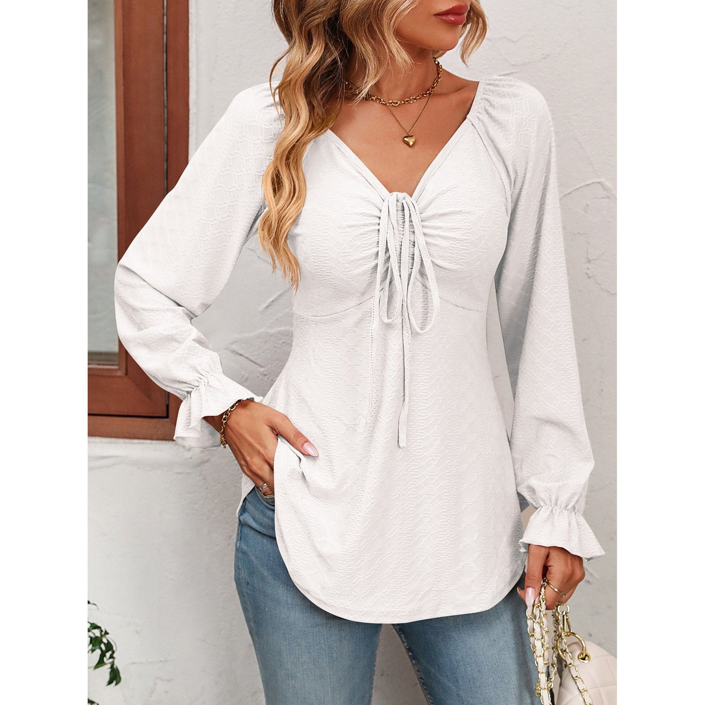 V-neck Drawstring Waist Sexy Long Sleeve