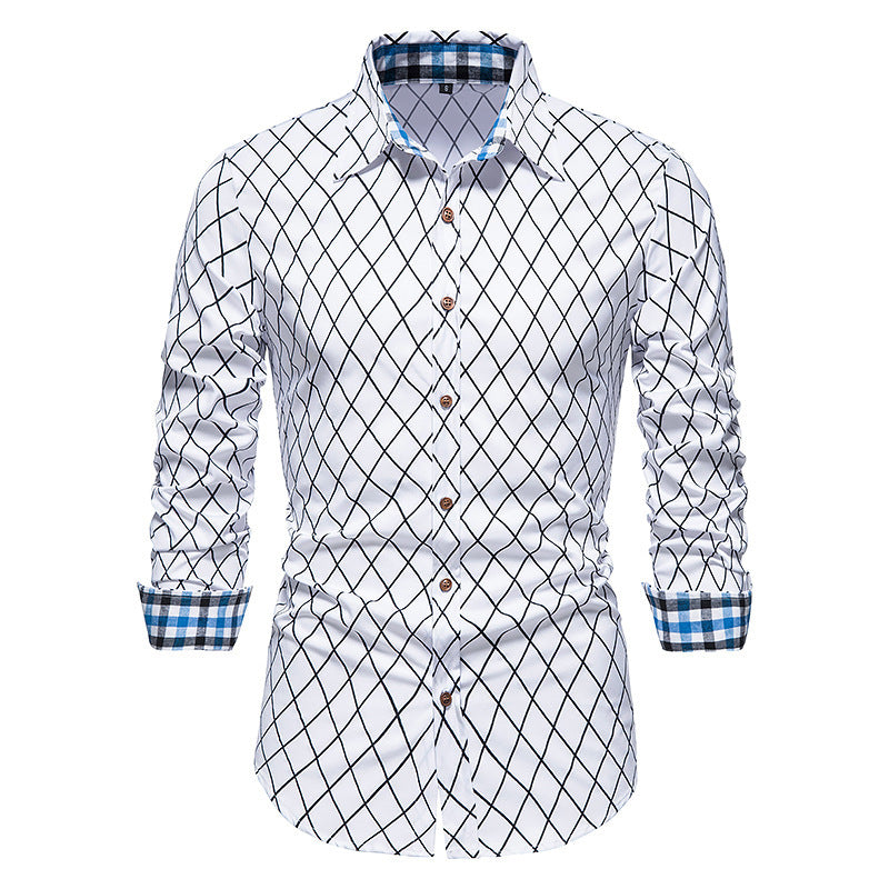 Men's Long-sleeved Diamond Check Button Shirt