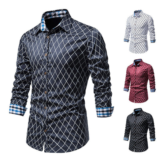 Men's Long-sleeved Diamond Check Button Shirt