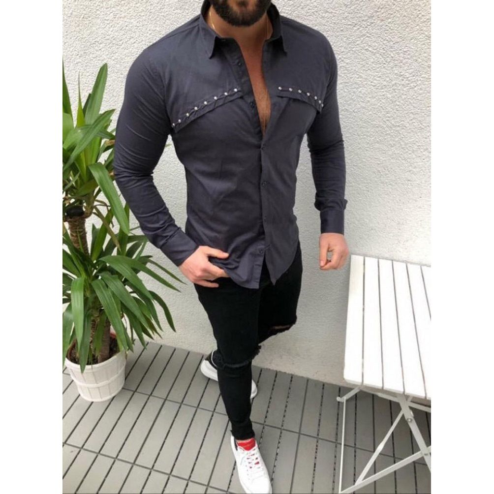 Men's Casual Cardigan Lapel Solid Color Shirt