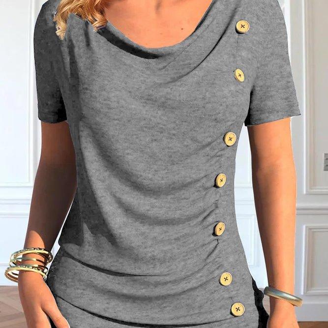 Leisure Short Sleeve Button Solid Color T-shirt