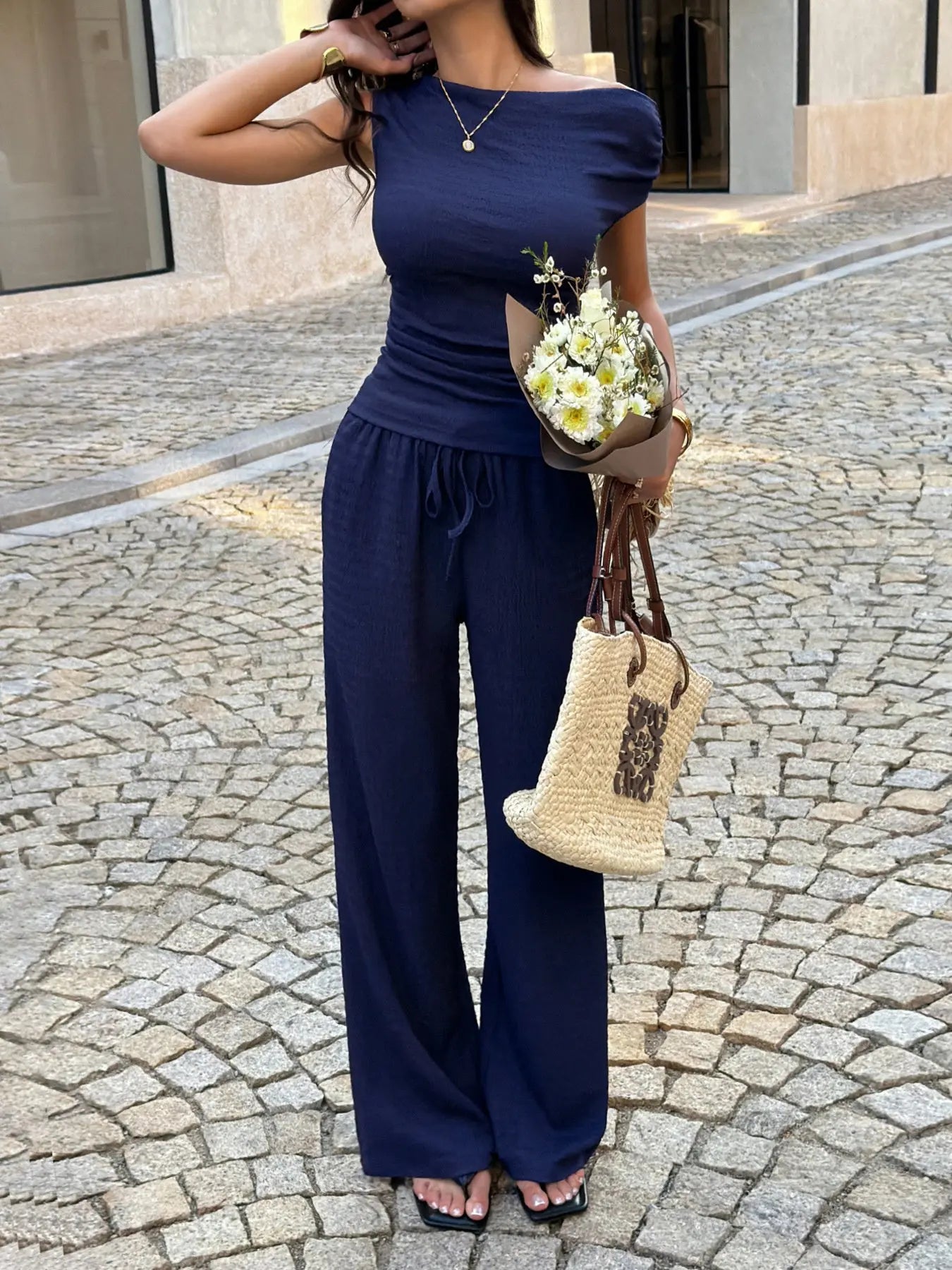 Asymmetrical Neck Top And Pants Set Two Piece Ruched And Tied Trendsi