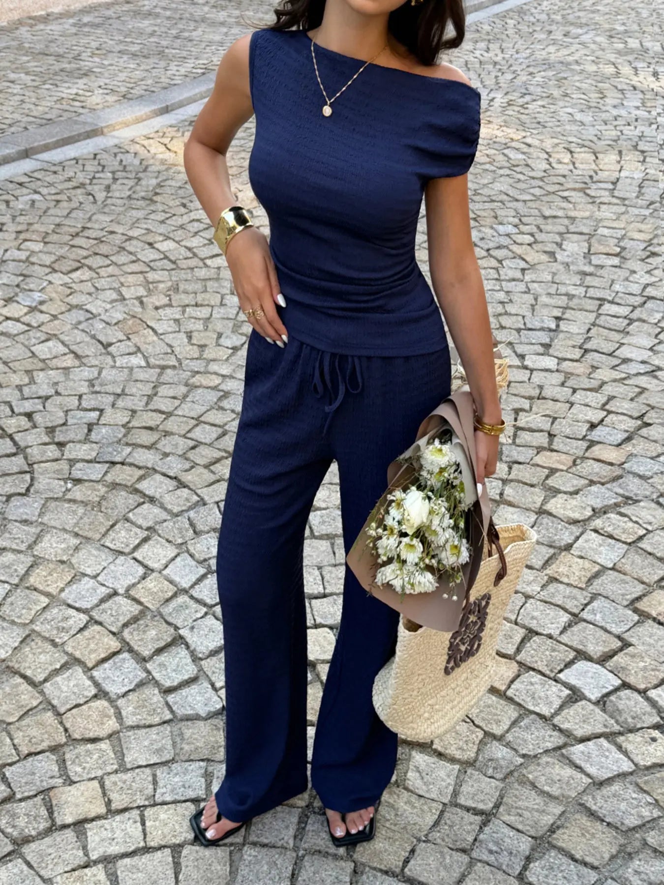 Asymmetrical Neck Top And Pants Set Two Piece Ruched And Tied Trendsi